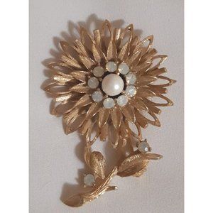 Vintage SWAROVSKI Gold Tone Floral Brooch With Faux Pearl & Opalescent Crystals